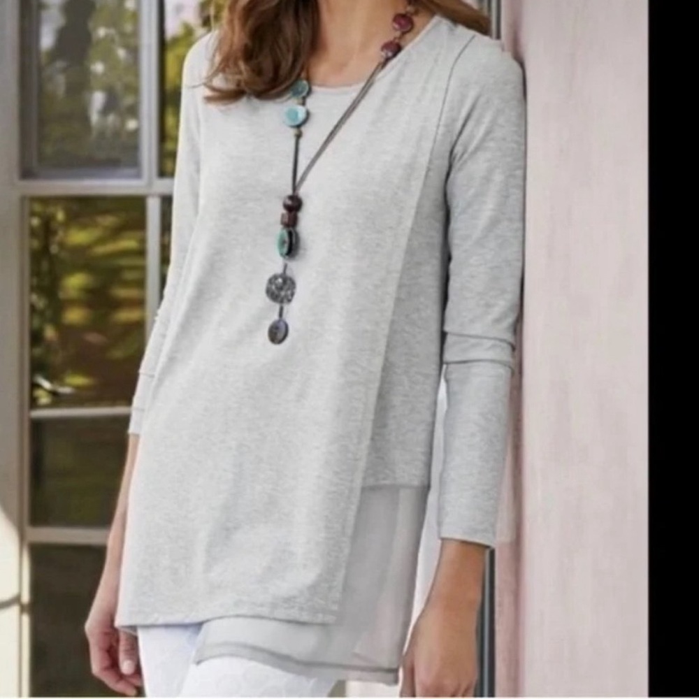 Soft Surroundings Touch Of Sheer Gray Uneven Faux Wrap Long Sleeves Top Medium